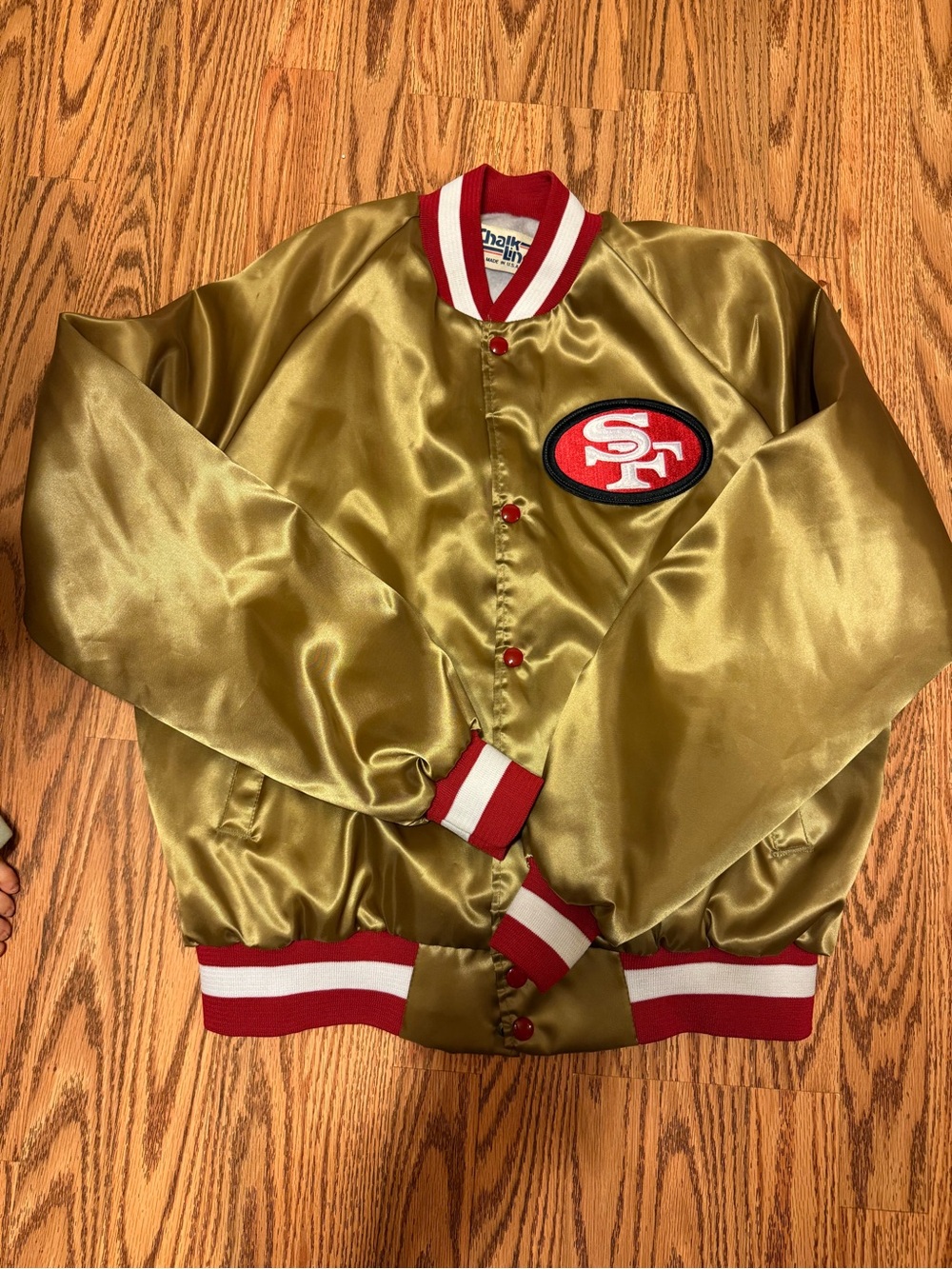 Gold Satin Performance Bomber Jacket with Red Trim - Team Patch